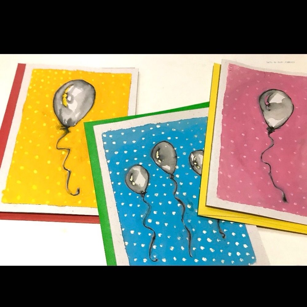 Painted Balloon Card Set of 3. Blank Inside. Pen, Ink, Paint. Any Occasion Cards